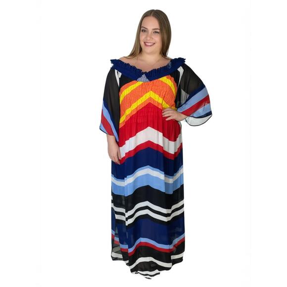 Ashley Stewart Maxi Dress Plus Size 22/24 Chevron Off Shoulder Smocked Boho NEW - Picture 1 of 11